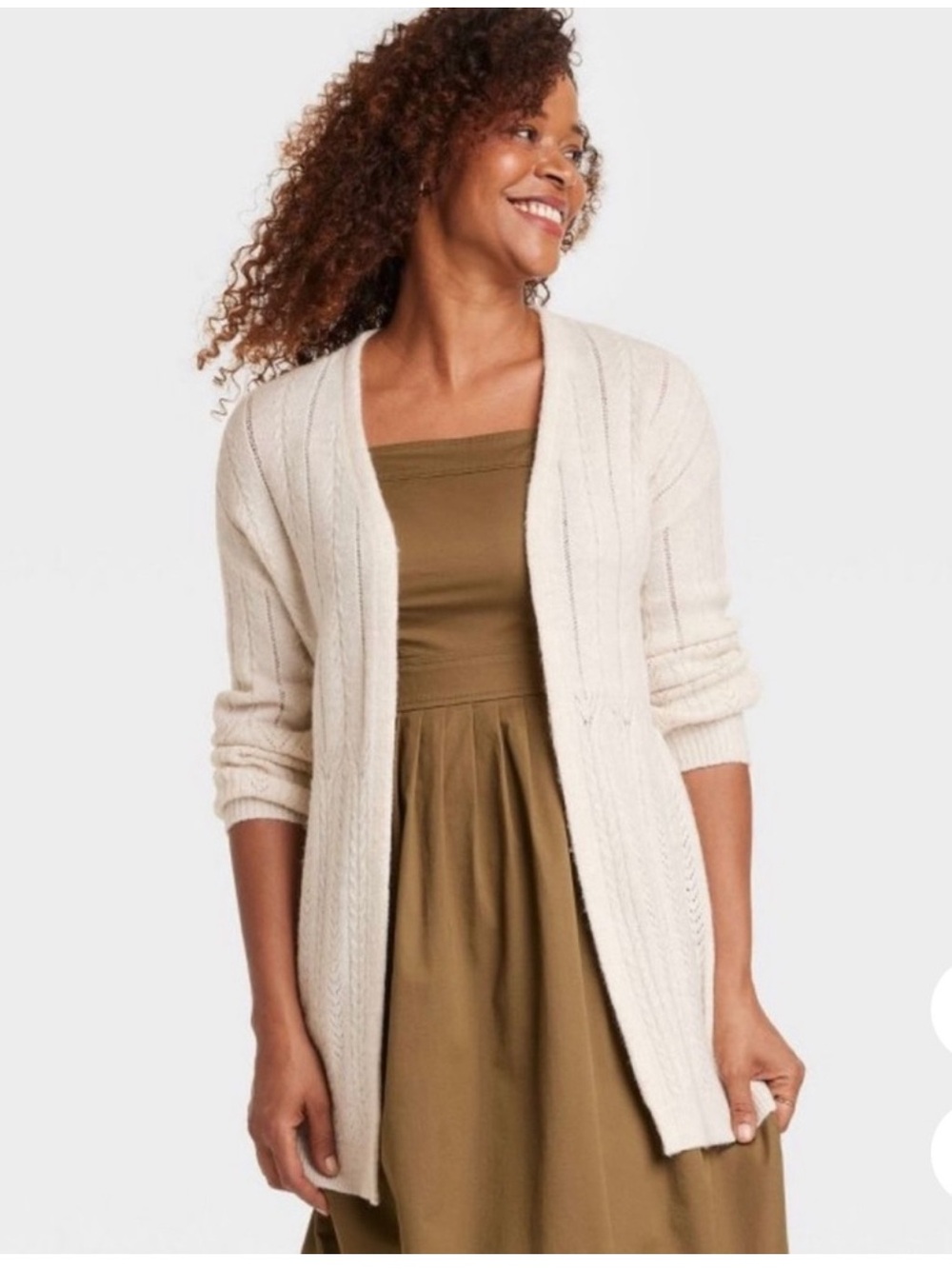 Knox Rose Cream Open-Front Cable pointelle Knit Women's Sweater Cardigan medium